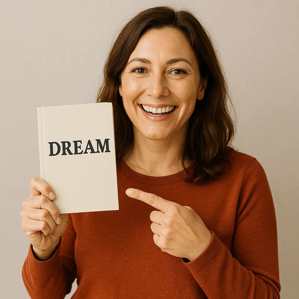 Happy author holding a dream book
